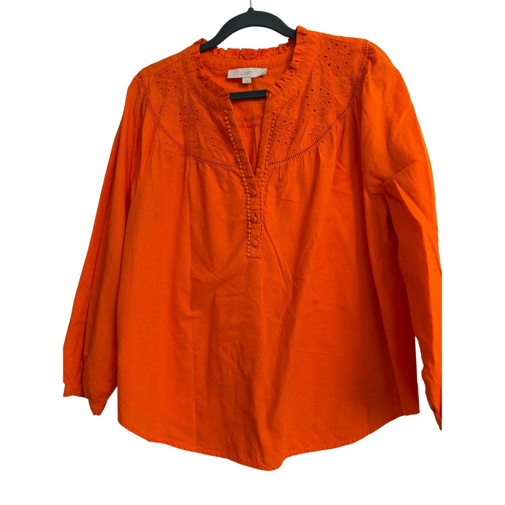 LOFT Blouse Large Orange Boho, Eyelet, Swiss Dot, Cotton, Linen, Embroidered Top
